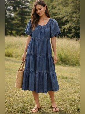 Oso Casuals Tencel Smocked Denim Style Dress Flutter Sleeve Tiered L EUC Cottage